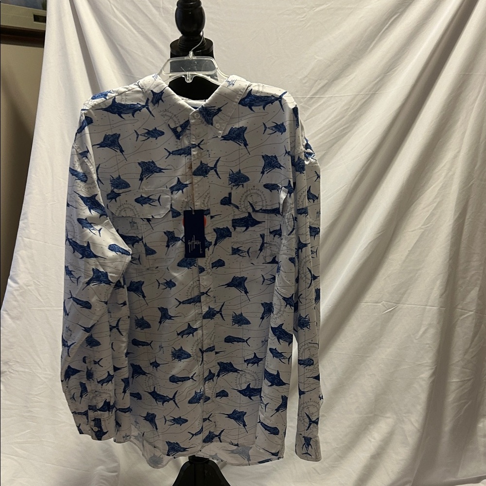Men's White and Blue Fish Print Shirt